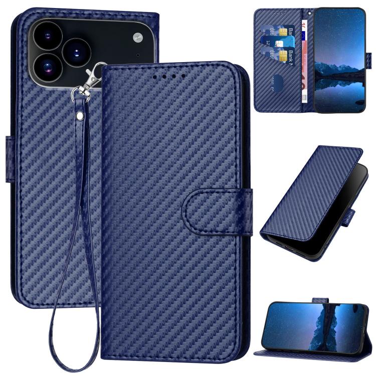 غطاء هاتف من الجلد بنقشة ألياف الكربون مع إبزيم وحبل معصم YX0070، لهواتف iPhone 17e / 16e، iPhone 17 Pro Max، iPhone 17 Pro، iPhone 17، iPhone Air، iPhone 16 Pro Max