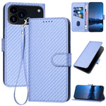 غطاء هاتف من الجلد بنقشة ألياف الكربون مع إبزيم وحبل معصم YX0070، لهواتف iPhone 17e / 16e، iPhone 17 Pro Max، iPhone 17 Pro، iPhone 17، iPhone Air، iPhone 16 Pro Max