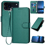 غطاء هاتف من الجلد بنقشة ألياف الكربون مع إبزيم وحبل معصم YX0070، لهواتف iPhone 17e / 16e، iPhone 17 Pro Max، iPhone 17 Pro، iPhone 17، iPhone Air، iPhone 16 Pro Max