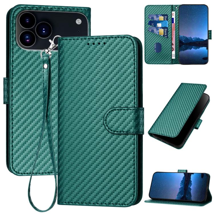 غطاء هاتف من الجلد بنقشة ألياف الكربون مع إبزيم وحبل معصم YX0070، لهواتف iPhone 17e / 16e، iPhone 17 Pro Max، iPhone 17 Pro، iPhone 17، iPhone Air، iPhone 16 Pro Max
