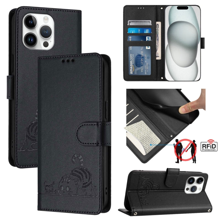 غطاء هاتف من الجلد بنقشة قط وفأر بارزة مع حماية RFID وحبل معصم، لهواتف iPhone 17 Pro Max، iPhone 17 Pro، iPhone 17، iPhone Air، iPhone SE 2024، iPhone 15 Pro Max، iPhone 15 Pro، iPhone 15 Plus