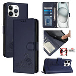غطاء هاتف من الجلد بنقشة قط وفأر بارزة مع حماية RFID وحبل معصم، لهواتف iPhone 17 Pro Max، iPhone 17 Pro، iPhone 17، iPhone Air، iPhone SE 2024، iPhone 15 Pro Max، iPhone 15 Pro، iPhone 15 Plus