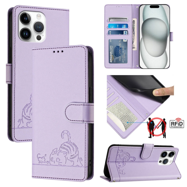 غطاء هاتف من الجلد بنقشة قط وفأر بارزة مع حماية RFID وحبل معصم، لهواتف iPhone 17 Pro Max، iPhone 17 Pro، iPhone 17، iPhone Air، iPhone SE 2024، iPhone 15 Pro Max، iPhone 15 Pro، iPhone 15 Plus