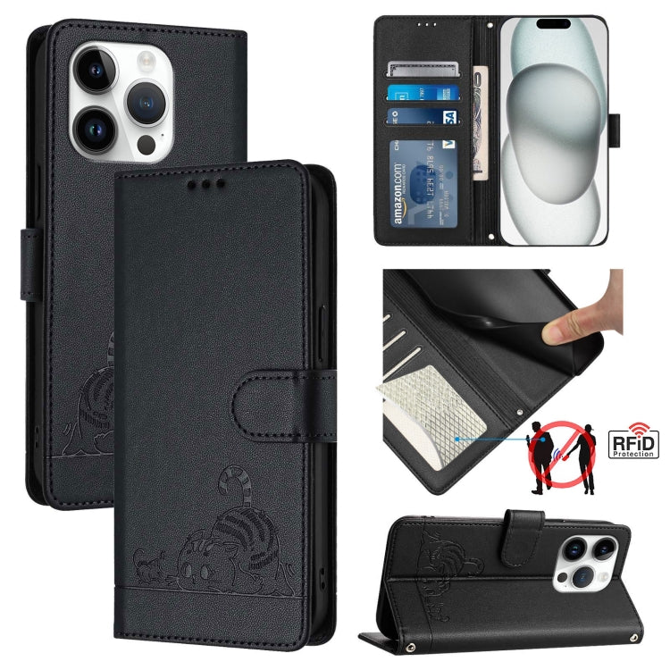 غطاء هاتف من الجلد بنقشة قط وفأر بارزة مع حماية RFID وحبل معصم، لهواتف iPhone 17 Pro Max، iPhone 17 Pro، iPhone 17، iPhone Air، iPhone SE 2024، iPhone 15 Pro Max، iPhone 15 Pro، iPhone 15 Plus