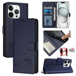 غطاء هاتف من الجلد بنقشة قط وفأر بارزة مع حماية RFID وحبل معصم، لهواتف iPhone 17 Pro Max، iPhone 17 Pro، iPhone 17، iPhone Air، iPhone SE 2024، iPhone 15 Pro Max، iPhone 15 Pro، iPhone 15 Plus