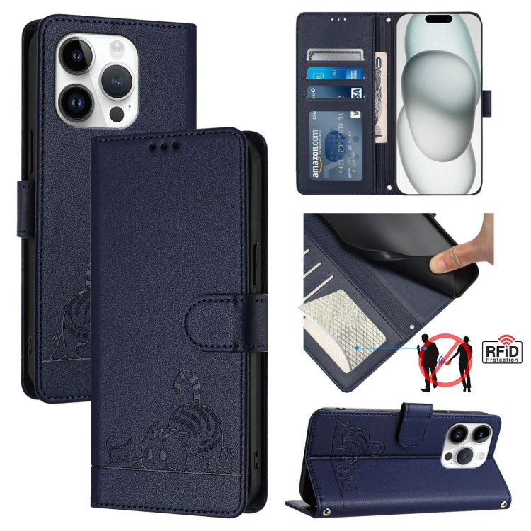 غطاء هاتف من الجلد بنقشة قط وفأر بارزة مع حماية RFID وحبل معصم، لهواتف iPhone 17 Pro Max، iPhone 17 Pro، iPhone 17، iPhone Air، iPhone SE 2024، iPhone 15 Pro Max، iPhone 15 Pro، iPhone 15 Plus