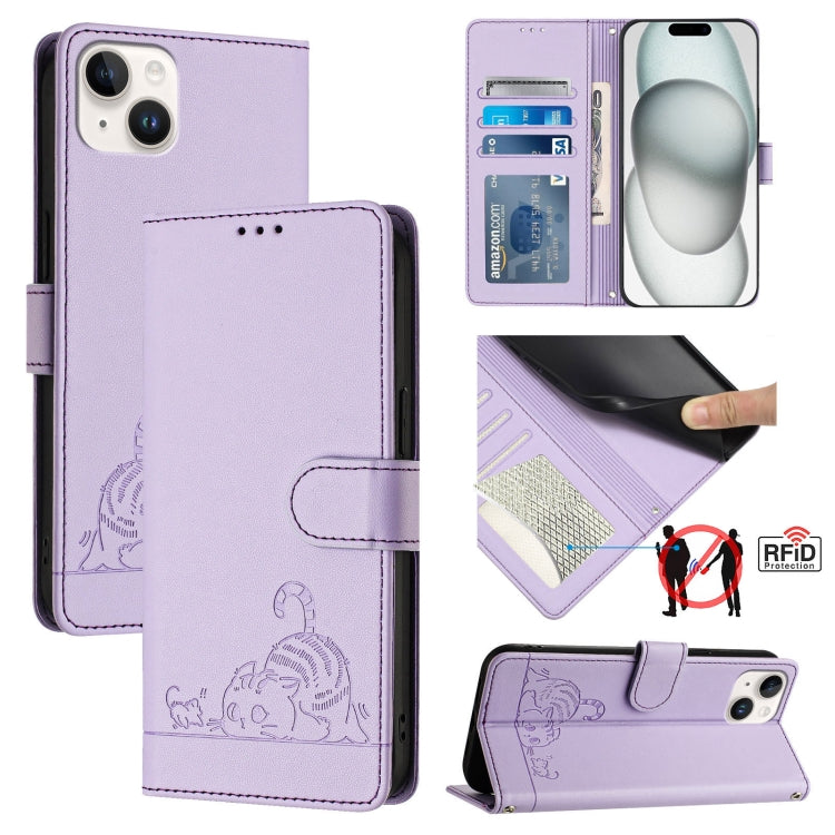 غطاء هاتف من الجلد بنقشة قط وفأر بارزة مع حماية RFID وحبل معصم، لهواتف iPhone 17 Pro Max، iPhone 17 Pro، iPhone 17، iPhone Air، iPhone SE 2024، iPhone 15 Pro Max، iPhone 15 Pro، iPhone 15 Plus
