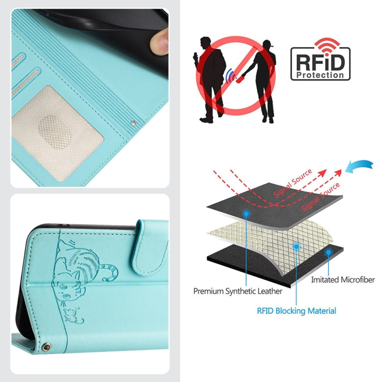 حافظة هاتف جلدية بنقشة نقوش قط وفأر مع حماية RFID وحبل معصم، لهواتف iPhone 13 mini، iPhone 12/12 Pro، iPhone 12 Pro Max، iPhone 12 mini، iPhone 11 Pro Max، iPhone 11، iPhone 11 Pro، iPhone XS / X