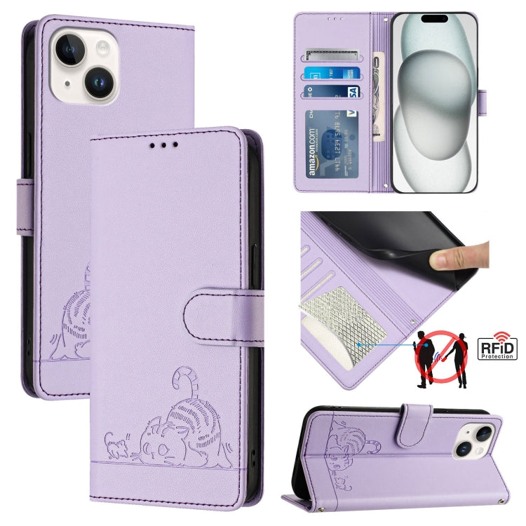 حافظة هاتف جلدية بنقشة نقوش قط وفأر مع حماية RFID وحبل معصم، لهواتف iPhone 13 mini، iPhone 12/12 Pro، iPhone 12 Pro Max، iPhone 12 mini، iPhone 11 Pro Max، iPhone 11، iPhone 11 Pro، iPhone XS / X