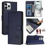 حافظة هاتف جلدية بنقشة نقوش قط وفأر مع حماية RFID وحبل معصم، لهواتف iPhone 13 mini، iPhone 12/12 Pro، iPhone 12 Pro Max، iPhone 12 mini، iPhone 11 Pro Max، iPhone 11، iPhone 11 Pro، iPhone XS / X
