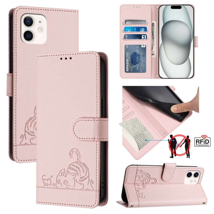 حافظة هاتف جلدية بنقشة نقوش قط وفأر مع حماية RFID وحبل معصم، لهواتف iPhone 13 mini، iPhone 12/12 Pro، iPhone 12 Pro Max، iPhone 12 mini، iPhone 11 Pro Max، iPhone 11، iPhone 11 Pro، iPhone XS / X