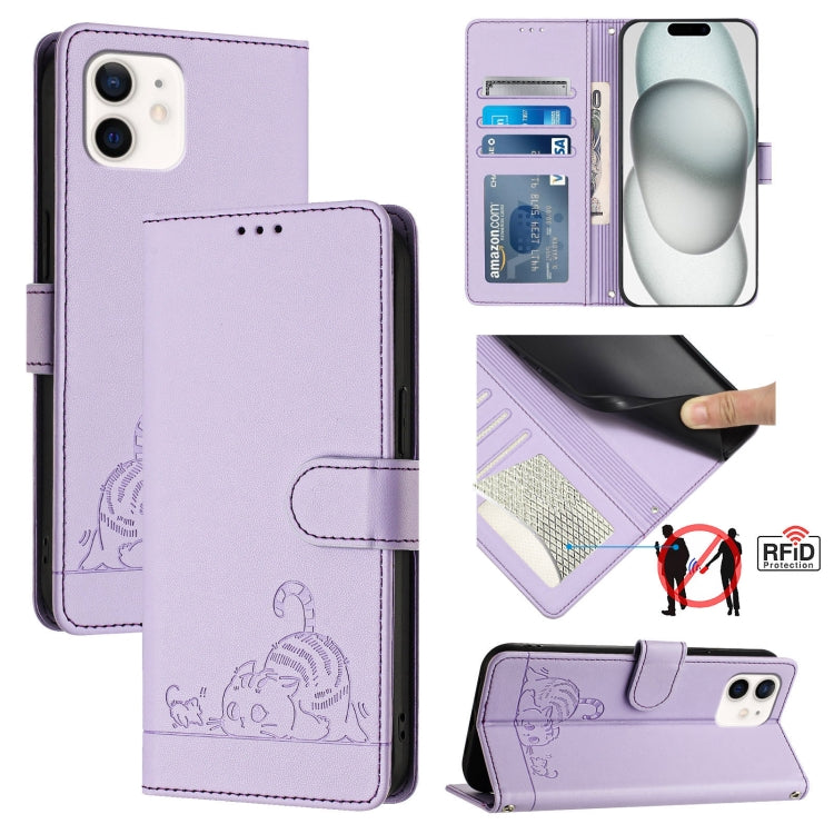 حافظة هاتف جلدية بنقشة نقوش قط وفأر مع حماية RFID وحبل معصم، لهواتف iPhone 13 mini، iPhone 12/12 Pro، iPhone 12 Pro Max، iPhone 12 mini، iPhone 11 Pro Max، iPhone 11، iPhone 11 Pro، iPhone XS / X