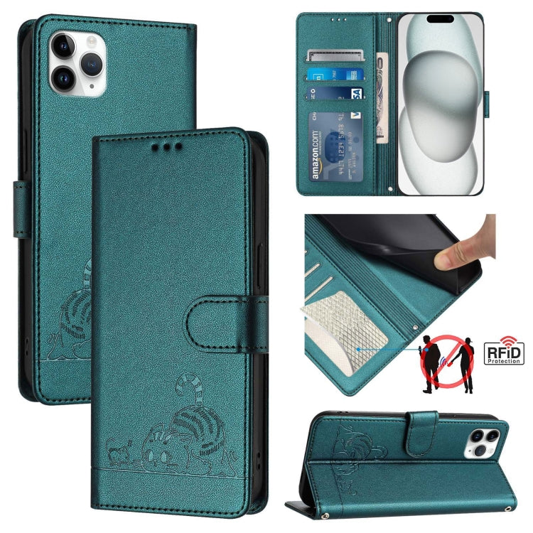 حافظة هاتف جلدية بنقشة نقوش قط وفأر مع حماية RFID وحبل معصم، لهواتف iPhone 13 mini، iPhone 12/12 Pro، iPhone 12 Pro Max، iPhone 12 mini، iPhone 11 Pro Max، iPhone 11، iPhone 11 Pro، iPhone XS / X