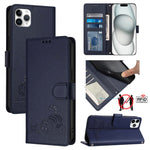 حافظة هاتف جلدية بنقشة نقوش قط وفأر مع حماية RFID وحبل معصم، لهواتف iPhone 13 mini، iPhone 12/12 Pro، iPhone 12 Pro Max، iPhone 12 mini، iPhone 11 Pro Max، iPhone 11، iPhone 11 Pro، iPhone XS / X