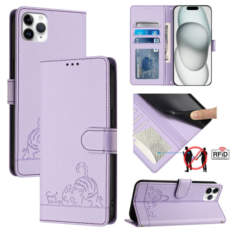 حافظة هاتف جلدية بنقشة نقوش قط وفأر مع حماية RFID وحبل معصم، لهواتف iPhone 13 mini، iPhone 12/12 Pro، iPhone 12 Pro Max، iPhone 12 mini، iPhone 11 Pro Max، iPhone 11، iPhone 11 Pro، iPhone XS / X