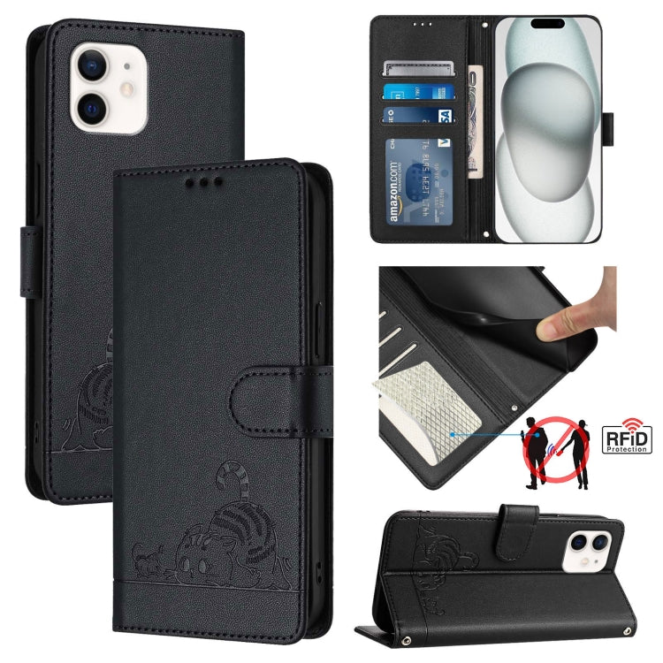 حافظة هاتف جلدية بنقشة نقوش قط وفأر مع حماية RFID وحبل معصم، لهواتف iPhone 13 mini، iPhone 12/12 Pro، iPhone 12 Pro Max، iPhone 12 mini، iPhone 11 Pro Max، iPhone 11، iPhone 11 Pro، iPhone XS / X
