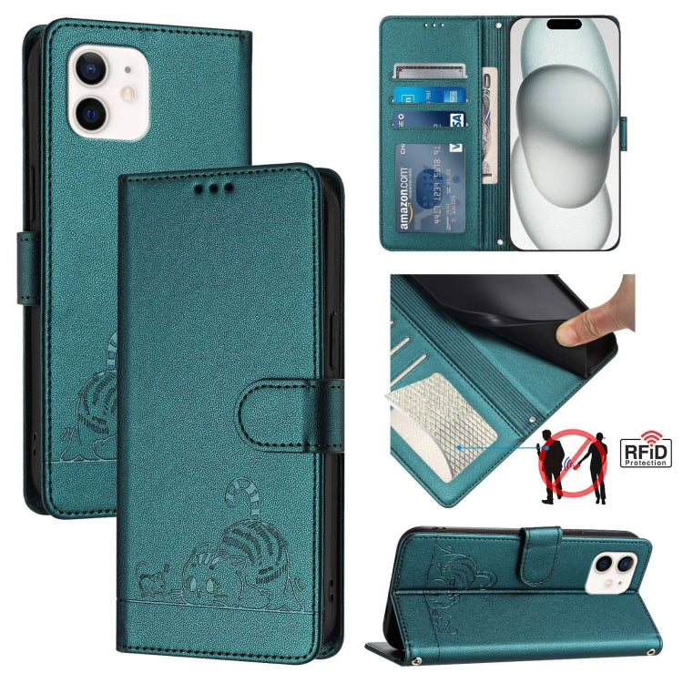 حافظة هاتف جلدية بنقشة نقوش قط وفأر مع حماية RFID وحبل معصم، لهواتف iPhone 13 mini، iPhone 12/12 Pro، iPhone 12 Pro Max، iPhone 12 mini، iPhone 11 Pro Max، iPhone 11، iPhone 11 Pro، iPhone XS / X