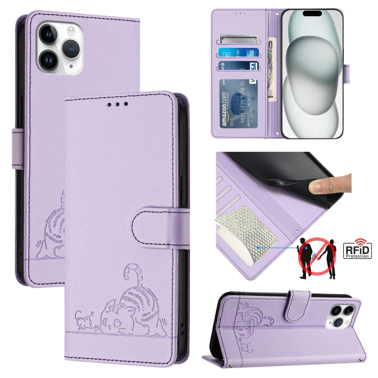 حافظة هاتف جلدية بنقشة نقوش قط وفأر مع حماية RFID وحبل معصم، لهواتف iPhone 13 mini، iPhone 12/12 Pro، iPhone 12 Pro Max، iPhone 12 mini، iPhone 11 Pro Max، iPhone 11، iPhone 11 Pro، iPhone XS / X