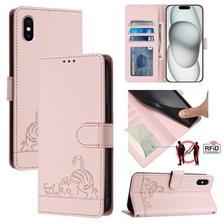 حافظة هاتف جلدية بنقشة نقوش قط وفأر مع حماية RFID وحبل معصم، لهواتف iPhone 13 mini، iPhone 12/12 Pro، iPhone 12 Pro Max، iPhone 12 mini، iPhone 11 Pro Max، iPhone 11، iPhone 11 Pro، iPhone XS / X