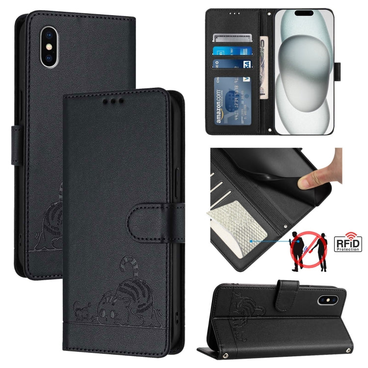 حافظة هاتف جلدية بنقشة نقوش قط وفأر مع حماية RFID وحبل معصم، لهواتف iPhone 13 mini، iPhone 12/12 Pro، iPhone 12 Pro Max، iPhone 12 mini، iPhone 11 Pro Max، iPhone 11، iPhone 11 Pro، iPhone XS / X