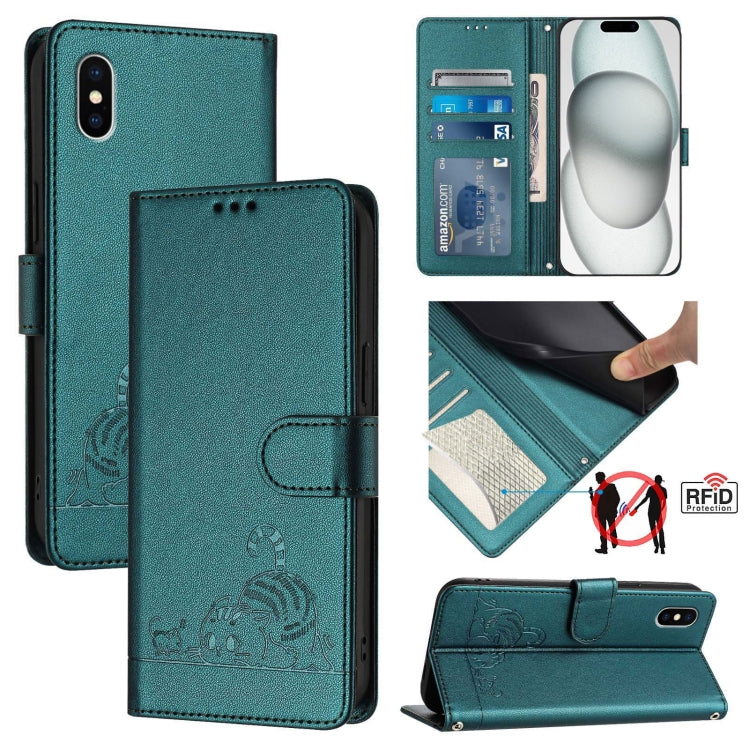 حافظة هاتف جلدية بنقشة نقوش قط وفأر مع حماية RFID وحبل معصم، لهواتف iPhone 13 mini، iPhone 12/12 Pro، iPhone 12 Pro Max، iPhone 12 mini، iPhone 11 Pro Max، iPhone 11، iPhone 11 Pro، iPhone XS / X