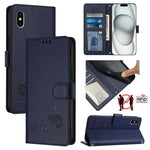 حافظة هاتف جلدية بنقشة نقوش قط وفأر مع حماية RFID وحبل معصم، لهواتف iPhone 13 mini، iPhone 12/12 Pro، iPhone 12 Pro Max، iPhone 12 mini، iPhone 11 Pro Max، iPhone 11، iPhone 11 Pro، iPhone XS / X