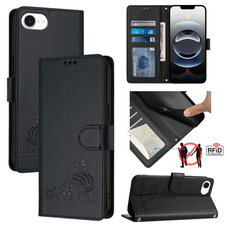 غطاء هاتف من الجلد بنقشة قط وفأر بارزة مع حماية RFID وحبل معصم، لهواتف iPhone 17 Pro Max، iPhone 17 Pro، iPhone 17، iPhone Air، iPhone SE 2024، iPhone 15 Pro Max، iPhone 15 Pro، iPhone 15 Plus