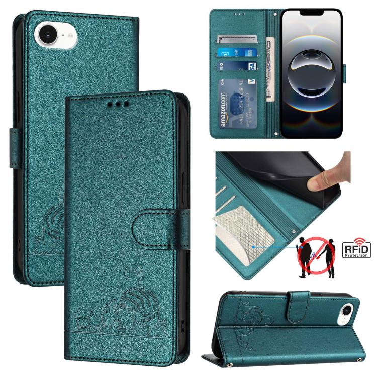 غطاء هاتف من الجلد بنقشة قط وفأر بارزة مع حماية RFID وحبل معصم، لهواتف iPhone 17 Pro Max، iPhone 17 Pro، iPhone 17، iPhone Air، iPhone SE 2024، iPhone 15 Pro Max، iPhone 15 Pro، iPhone 15 Plus