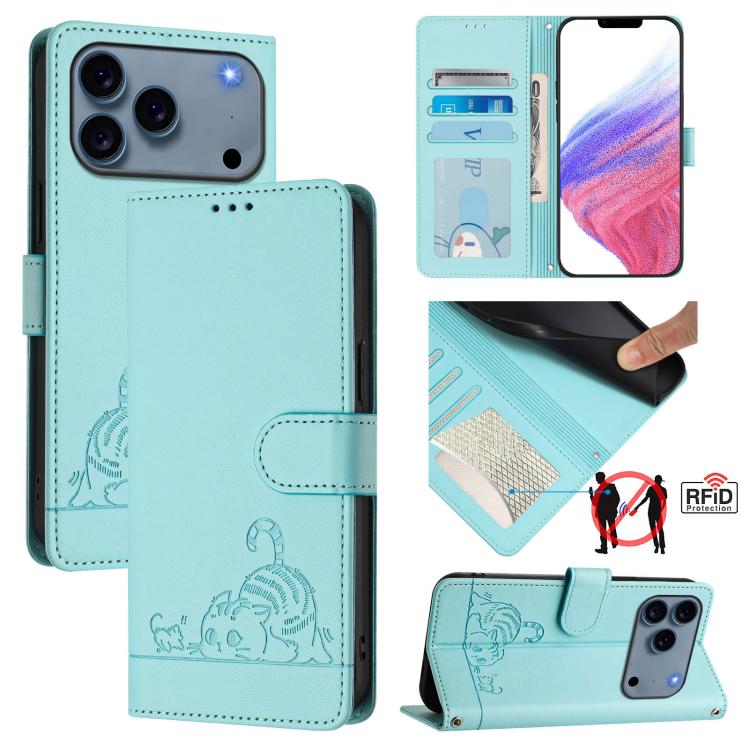 غطاء هاتف من الجلد بنقشة قط وفأر بارزة مع حماية RFID وحبل معصم، لهواتف iPhone 17 Pro Max، iPhone 17 Pro، iPhone 17، iPhone Air، iPhone SE 2024، iPhone 15 Pro Max، iPhone 15 Pro، iPhone 15 Plus