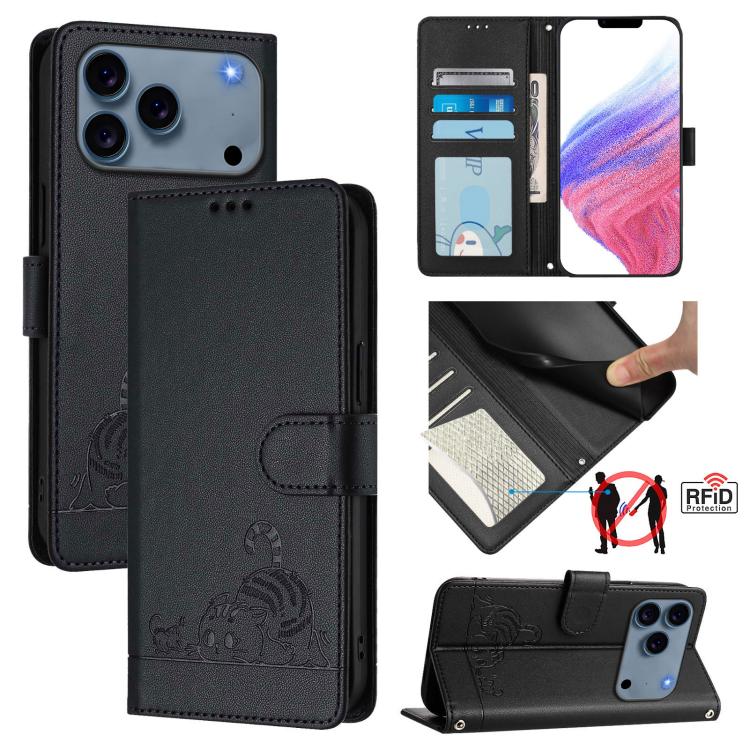 غطاء هاتف من الجلد بنقشة قط وفأر بارزة مع حماية RFID وحبل معصم، لهواتف iPhone 17 Pro Max، iPhone 17 Pro، iPhone 17، iPhone Air، iPhone SE 2024، iPhone 15 Pro Max، iPhone 15 Pro، iPhone 15 Plus