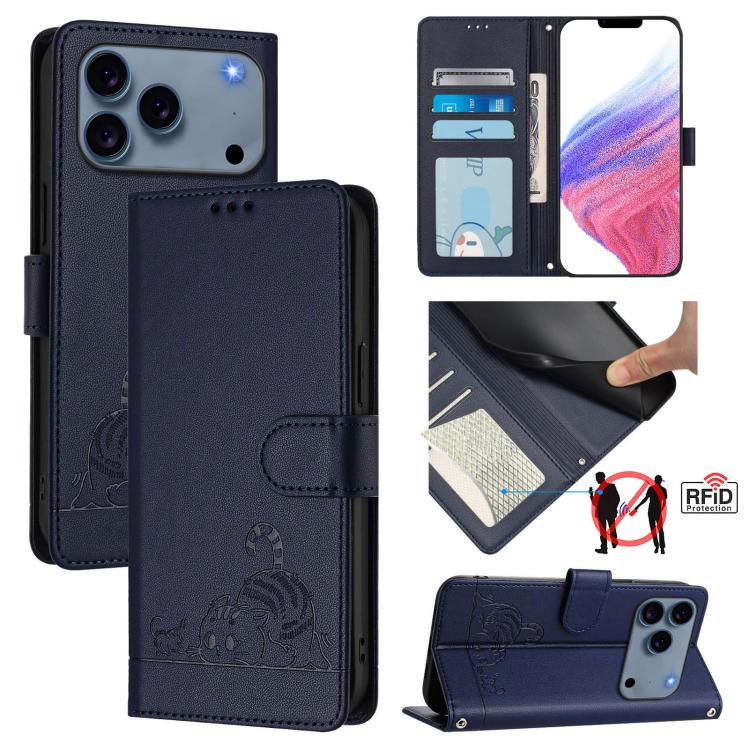 غطاء هاتف من الجلد بنقشة قط وفأر بارزة مع حماية RFID وحبل معصم، لهواتف iPhone 17 Pro Max، iPhone 17 Pro، iPhone 17، iPhone Air، iPhone SE 2024، iPhone 15 Pro Max، iPhone 15 Pro، iPhone 15 Plus