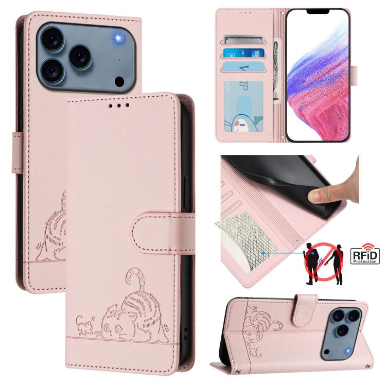 غطاء هاتف من الجلد بنقشة قط وفأر بارزة مع حماية RFID وحبل معصم، لهواتف iPhone 17 Pro Max، iPhone 17 Pro، iPhone 17، iPhone Air، iPhone SE 2024، iPhone 15 Pro Max، iPhone 15 Pro، iPhone 15 Plus