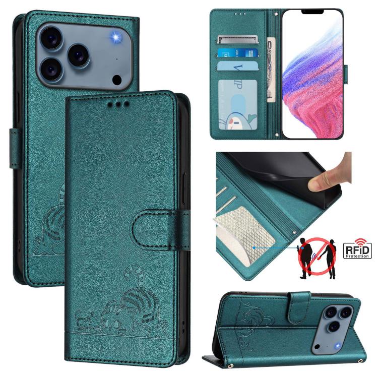 غطاء هاتف من الجلد بنقشة قط وفأر بارزة مع حماية RFID وحبل معصم، لهواتف iPhone 17 Pro Max، iPhone 17 Pro، iPhone 17، iPhone Air، iPhone SE 2024، iPhone 15 Pro Max، iPhone 15 Pro، iPhone 15 Plus