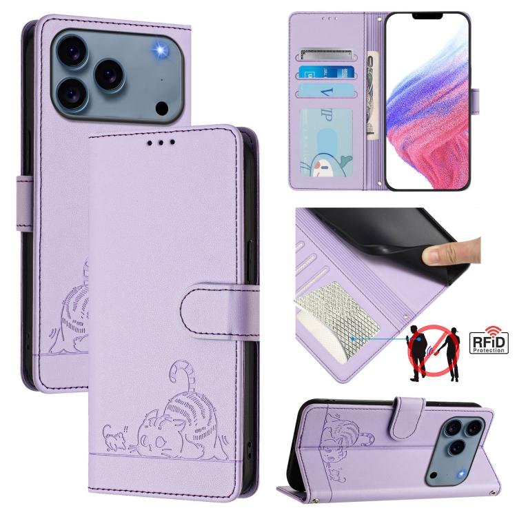 غطاء هاتف من الجلد بنقشة قط وفأر بارزة مع حماية RFID وحبل معصم، لهواتف iPhone 17 Pro Max، iPhone 17 Pro، iPhone 17، iPhone Air، iPhone SE 2024، iPhone 15 Pro Max، iPhone 15 Pro، iPhone 15 Plus