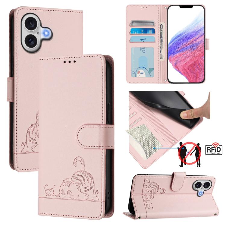 غطاء هاتف من الجلد بنقشة قط وفأر بارزة مع حماية RFID وحبل معصم، لهواتف iPhone 17 Pro Max، iPhone 17 Pro، iPhone 17، iPhone Air، iPhone SE 2024، iPhone 15 Pro Max، iPhone 15 Pro، iPhone 15 Plus