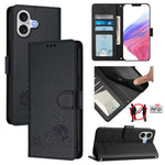غطاء هاتف من الجلد بنقشة قط وفأر بارزة مع حماية RFID وحبل معصم، لهواتف iPhone 17 Pro Max، iPhone 17 Pro، iPhone 17، iPhone Air، iPhone SE 2024، iPhone 15 Pro Max، iPhone 15 Pro، iPhone 15 Plus