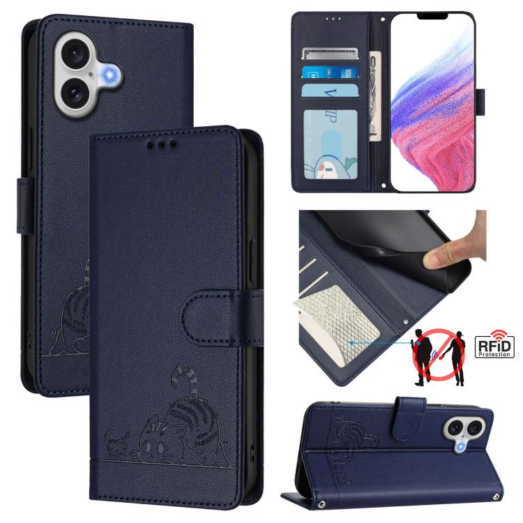 غطاء هاتف من الجلد بنقشة قط وفأر بارزة مع حماية RFID وحبل معصم، لهواتف iPhone 17 Pro Max، iPhone 17 Pro، iPhone 17، iPhone Air، iPhone SE 2024، iPhone 15 Pro Max، iPhone 15 Pro، iPhone 15 Plus