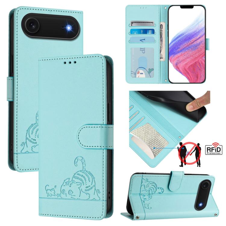 غطاء هاتف من الجلد بنقشة قط وفأر بارزة مع حماية RFID وحبل معصم، لهواتف iPhone 17 Pro Max، iPhone 17 Pro، iPhone 17، iPhone Air، iPhone SE 2024، iPhone 15 Pro Max، iPhone 15 Pro، iPhone 15 Plus