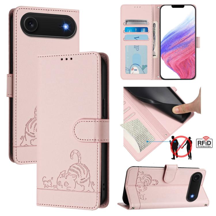 غطاء هاتف من الجلد بنقشة قط وفأر بارزة مع حماية RFID وحبل معصم، لهواتف iPhone 17 Pro Max، iPhone 17 Pro، iPhone 17، iPhone Air، iPhone SE 2024، iPhone 15 Pro Max، iPhone 15 Pro، iPhone 15 Plus