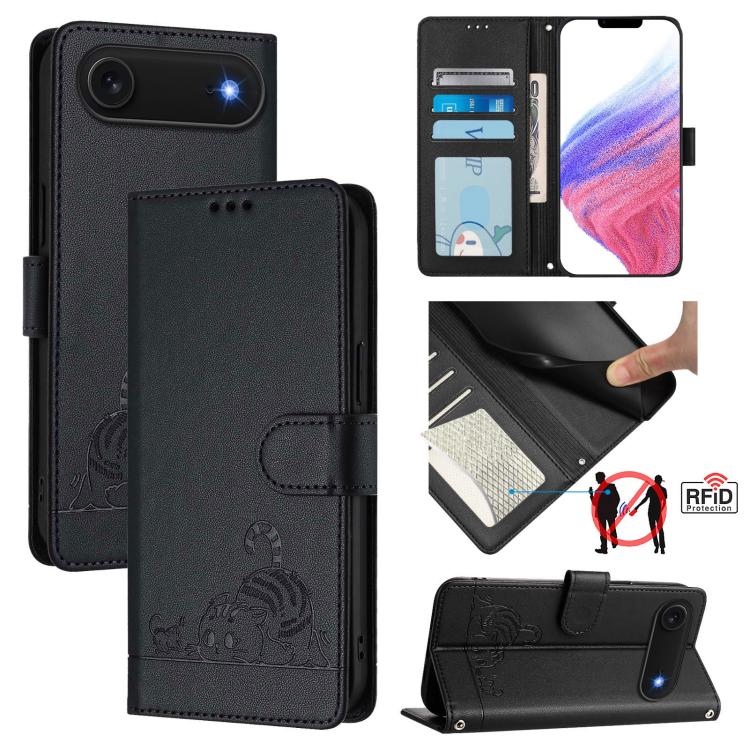 غطاء هاتف من الجلد بنقشة قط وفأر بارزة مع حماية RFID وحبل معصم، لهواتف iPhone 17 Pro Max، iPhone 17 Pro، iPhone 17، iPhone Air، iPhone SE 2024، iPhone 15 Pro Max، iPhone 15 Pro، iPhone 15 Plus