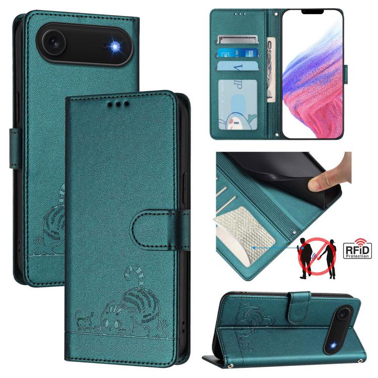 غطاء هاتف من الجلد بنقشة قط وفأر بارزة مع حماية RFID وحبل معصم، لهواتف iPhone 17 Pro Max، iPhone 17 Pro، iPhone 17، iPhone Air، iPhone SE 2024، iPhone 15 Pro Max، iPhone 15 Pro، iPhone 15 Plus