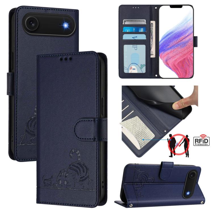 غطاء هاتف من الجلد بنقشة قط وفأر بارزة مع حماية RFID وحبل معصم، لهواتف iPhone 17 Pro Max، iPhone 17 Pro، iPhone 17، iPhone Air، iPhone SE 2024، iPhone 15 Pro Max، iPhone 15 Pro، iPhone 15 Plus