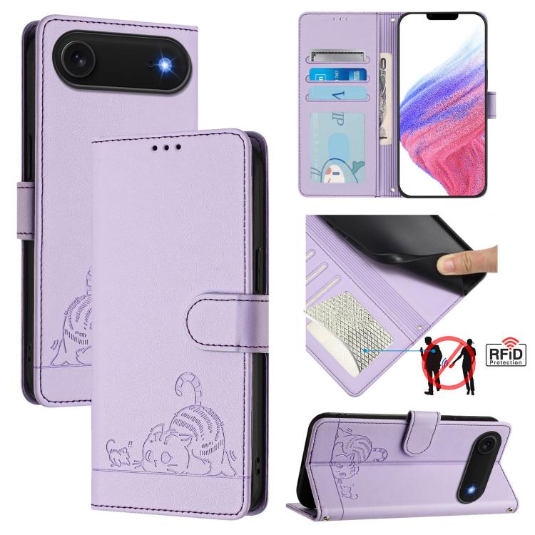 غطاء هاتف من الجلد بنقشة قط وفأر بارزة مع حماية RFID وحبل معصم، لهواتف iPhone 17 Pro Max، iPhone 17 Pro، iPhone 17، iPhone Air، iPhone SE 2024، iPhone 15 Pro Max، iPhone 15 Pro، iPhone 15 Plus