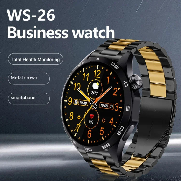 WS-26 ساعة ذكية رياضية بشاشة 1.52 بوصة IP67 تدعم مكالمات البلوتوث / النوم / أكسجين الدم / معدل ضربات القلب / ضغط الدم، سوار سيليكون، سوار فولاذي، سوار جلد