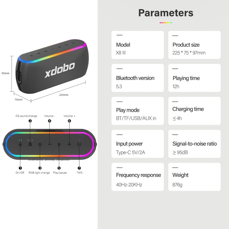 مكبر صوت لاسلكي Xdobo X8 III BT5.3 IPX7 مع إضاءة RGB، يدعم بلوتوث/بطاقة TF/USB/AUX، X8 III