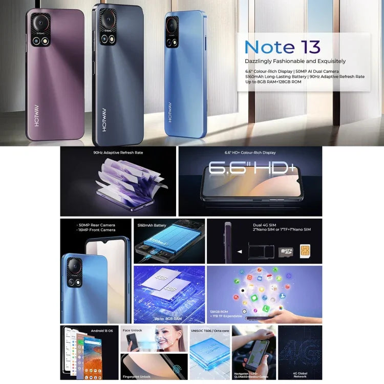 HOTWAV Note 13، التعرف على بصمة الإصبع الجانبية، شاشة 6.6 بوصة أندرويد 13 معالج T606 ثماني النواة حتى 1.6 جيجاهرتز، الشبكة: 4G، OTG، 4GB+128GB