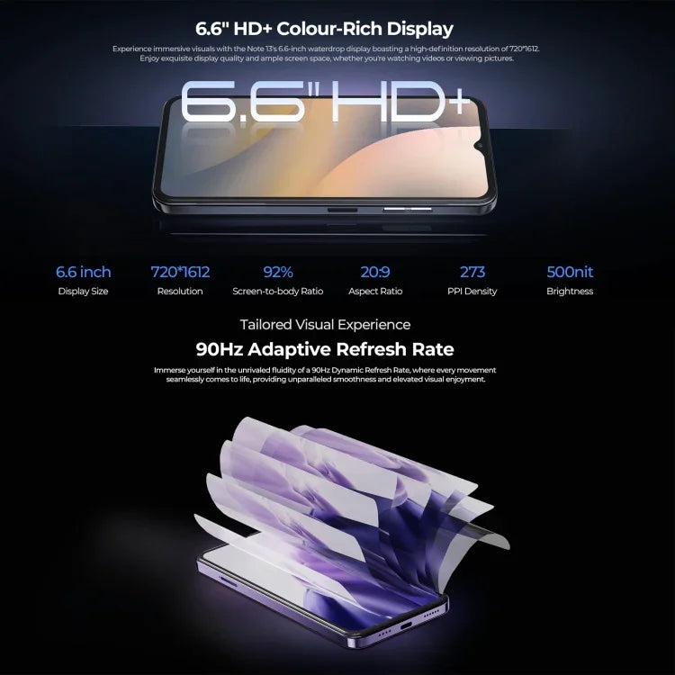 HOTWAV Note 13، التعرف على بصمة الإصبع الجانبية، شاشة 6.6 بوصة أندرويد 13 معالج T606 ثماني النواة حتى 1.6 جيجاهرتز، الشبكة: 4G، OTG، 4GB+128GB