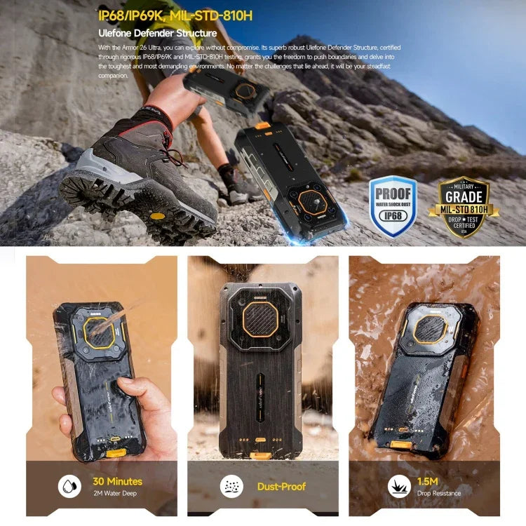 Ulefone Armor 26 Ultra هاتف متين، شاشة 6.78 بوصة أندرويد 13 معالج MediaTek Dimensity 8020 ثماني النواة، الشبكة: 5G، NFC، 12GB+512GB