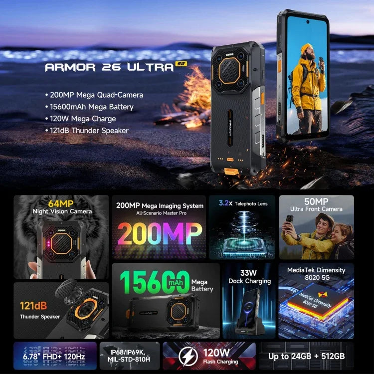 Ulefone Armor 26 Ultra هاتف متين، شاشة 6.78 بوصة أندرويد 13 معالج MediaTek Dimensity 8020 ثماني النواة، الشبكة: 5G، NFC، 12GB+512GB