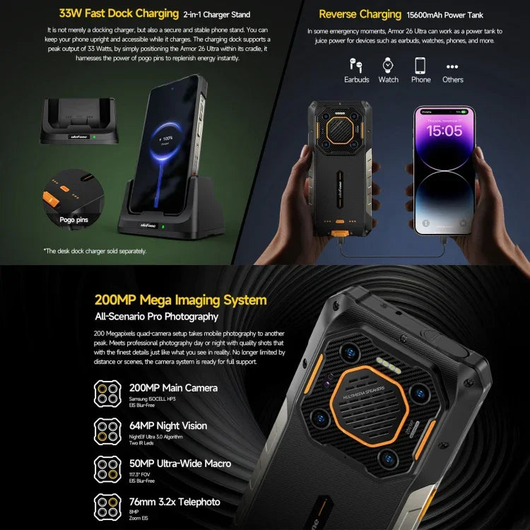Ulefone Armor 26 Ultra هاتف متين، شاشة 6.78 بوصة أندرويد 13 معالج MediaTek Dimensity 8020 ثماني النواة، الشبكة: 5G، NFC، 12GB+512GB